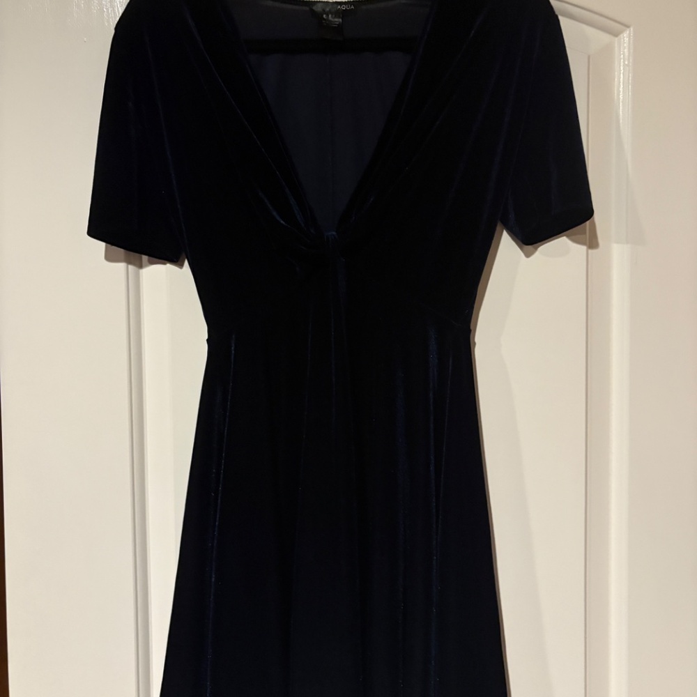 AQUA brand blue velvet plunge neck mini dress - Picture 6 of 6